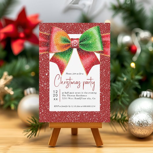 Christmas red and green bow and snowflakes party kaart