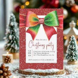 Christmas red and green bow and snowflakes party kaart