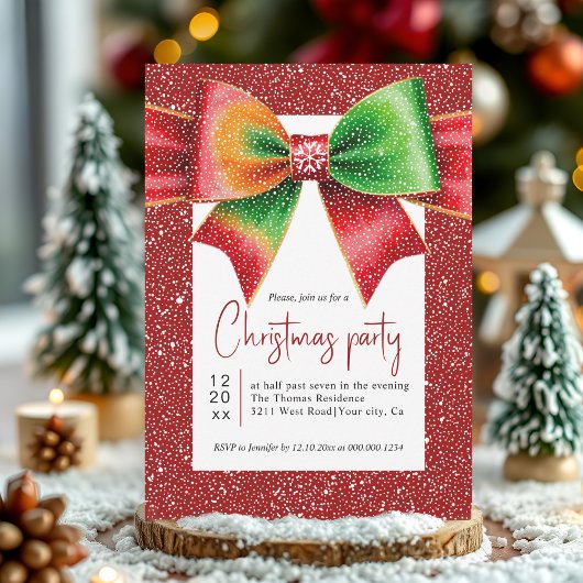 Christmas red and green bow and snowflakes party kaart