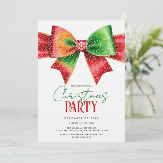 Christmas red and green bow and stripes party kaart (Staand voorkant)