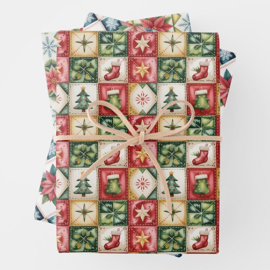 Christmas Red and Green Classic Patchwork Pattern  Inpakpapier Vel (In situ)