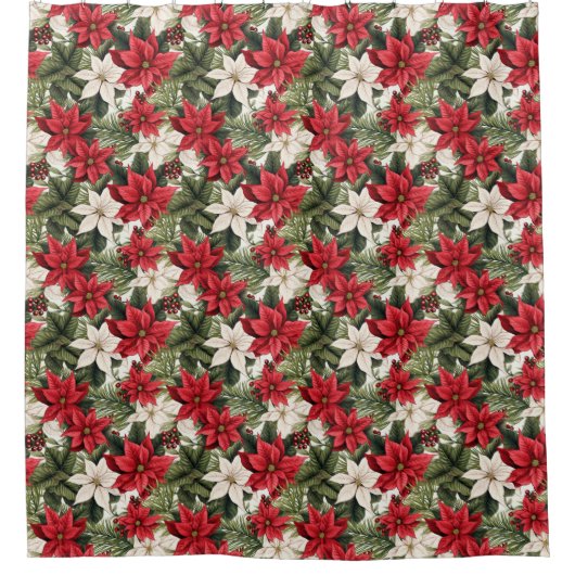 Christmas red and white poinsettia flowers Holiday Douchegordijn (Voorkant)
