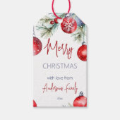 Christmas red baubles snowy pines  cadeaulabel (Voorkant)