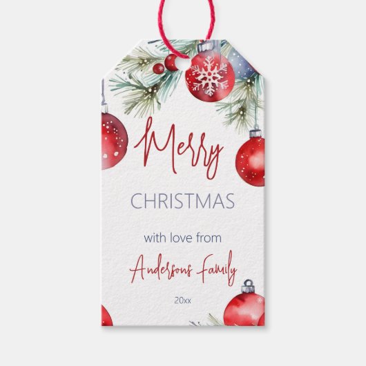 Christmas red baubles snowy pines  cadeaulabel (Voorkant)