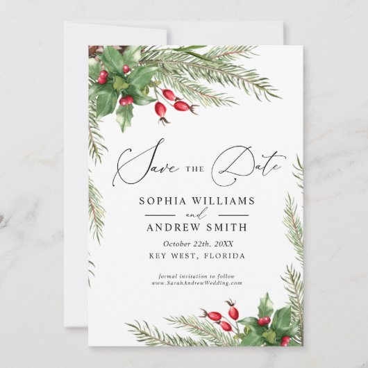 Christmas Red Berries Bewaar de datum Kaart (Voorkant)