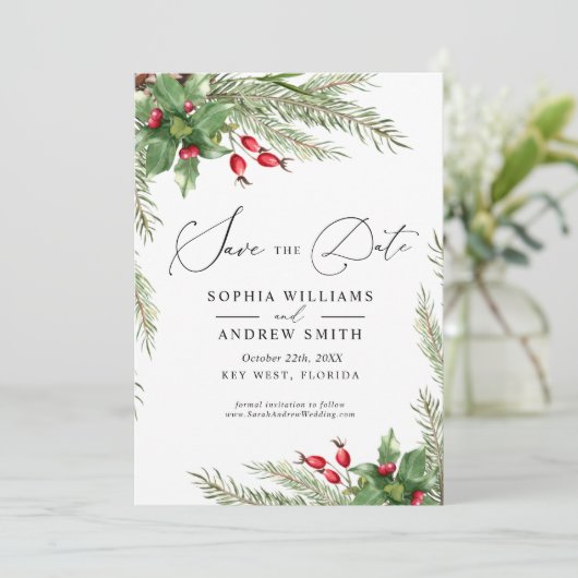 Christmas Red Berries Bewaar de datum Kaart (Staand voorkant)