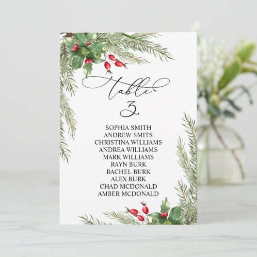 Christmas Red Berries Table Number 3 Seating Chart Kaart (Staand voorkant)