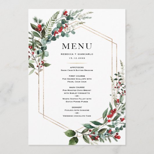 Christmas Red Berries Winter Greenery Wedding Menu (Voorkant)