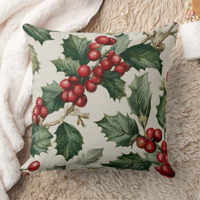 Christmas Red Berry Holly On Faux Linen Kussen (Deken)