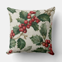 Christmas Red Berry Holly On Faux Linen Kussen