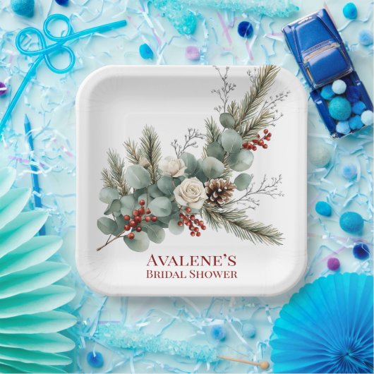 Christmas Red Berry White Rose Vrijgezellenfeest Papieren Bordje (Feest)