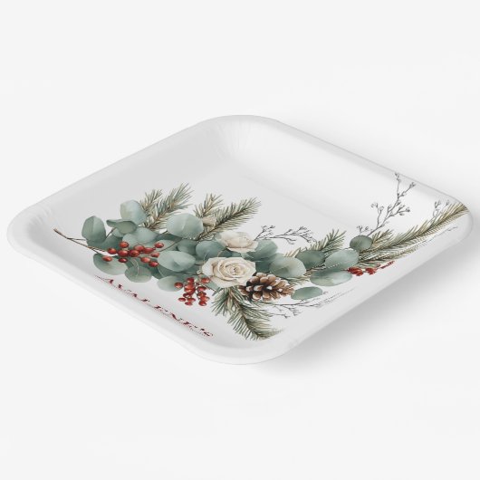 Christmas Red Berry White Rose Vrijgezellenfeest Papieren Bordje (Gebogen)