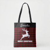 Christmas Red & Black Plaid Reindeer Custom Name Tote Bag (Voorkant)
