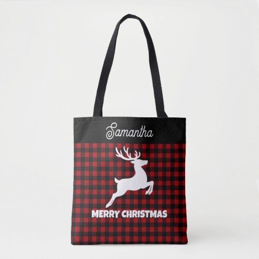 Christmas Red & Black Plaid Reindeer Custom Name Tote Bag (Voorkant)