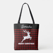Christmas Red & Black Plaid Reindeer Custom Name Tote Bag (Achterkant)