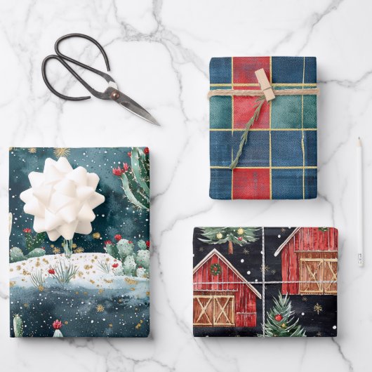 Christmas Red Blue Green Cactus Floral Inpakpapier Vel (Voorkant)