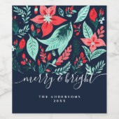 Christmas Red Botanical Floral Blue Holiday Wijn Etiket (Enkel label)