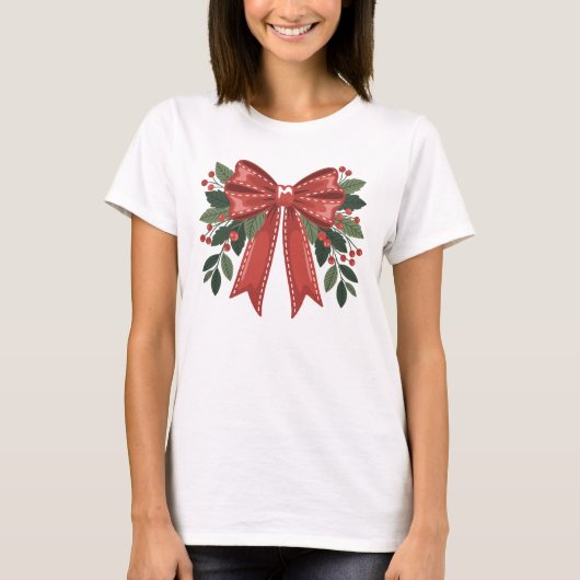 Christmas Red Bow with Holly and Berries Festive T-shirt (Voorkant)