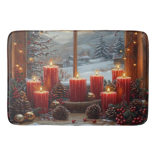 Christmas Red Candles Pine Cones Winter View  Badmat (Voorkant)
