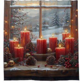 Christmas Red Candles Pine Cones Winter View  Douchegordijn
