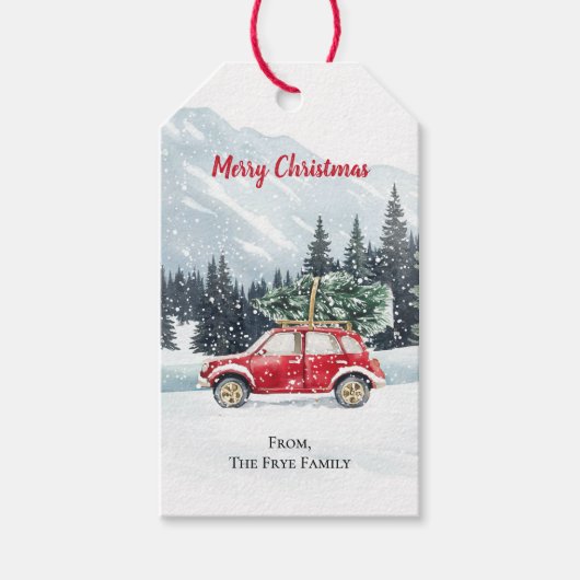Christmas Red Car Tree Holiday Cadeaulabel (Voorkant)