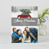 Christmas Red Car Truck Gray Chevron Feestdagenkaart (Staand voorkant)