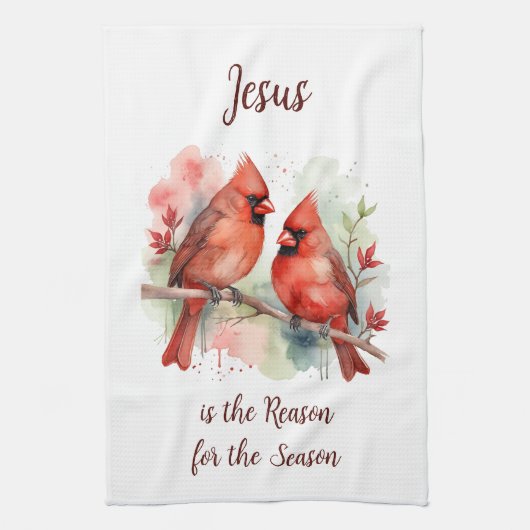Christmas Red Cardinal Jesus Reason for Season Theedoek (Verticaal)