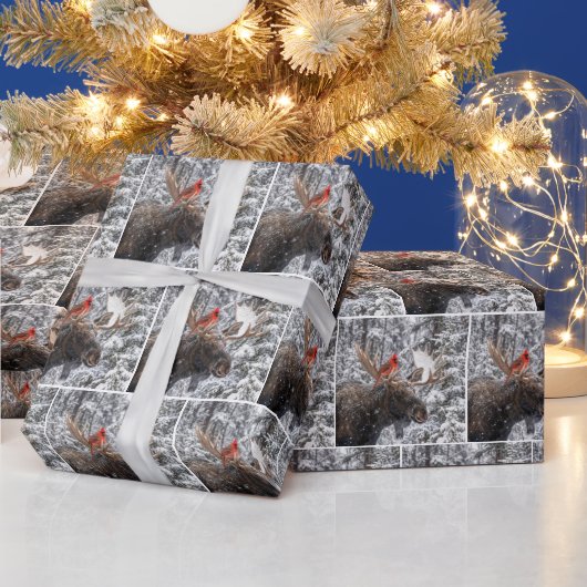 Christmas Red Cardinal On Snowy Moose Antlers Cadeaupapier (Feestdagen)