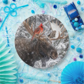 Christmas Red Cardinal On Snowy Moose Antlers Papieren Bordje (Feest)