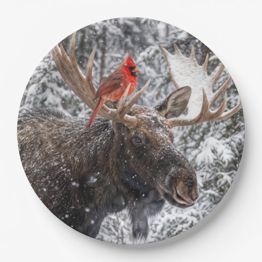 Christmas Red Cardinal On Snowy Moose Antlers Papieren Bordje (Voorkant)
