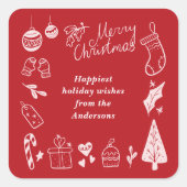 Christmas Red Cute Festive Hand Drawn Doodles Vierkante Sticker (Voorkant)