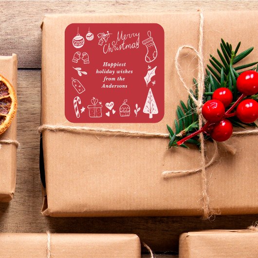 Christmas Red Cute Festive Hand Drawn Doodles Vierkante Sticker