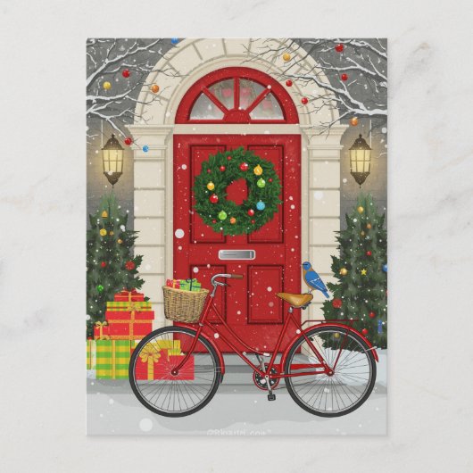Christmas Red Door Bicycle Holiday Gifts Scene Feestdagenkaart (Voorkant)