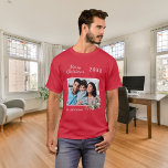 Christmas red family photo cone pine name t-shirt<br><div class="desc">Red shirt. Personalize and add your own family photo. A white frame decorated with a cone and pine greenery.  Add your family name and year.</div>