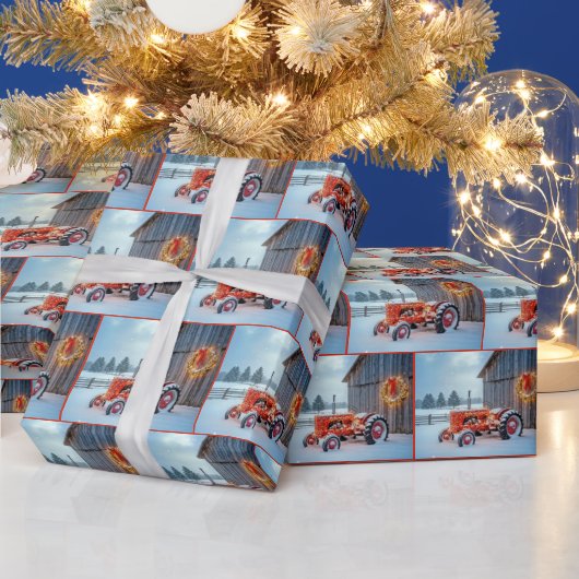 Christmas Red Farm Tractor In Snow Cadeaupapier (Feestdagen)