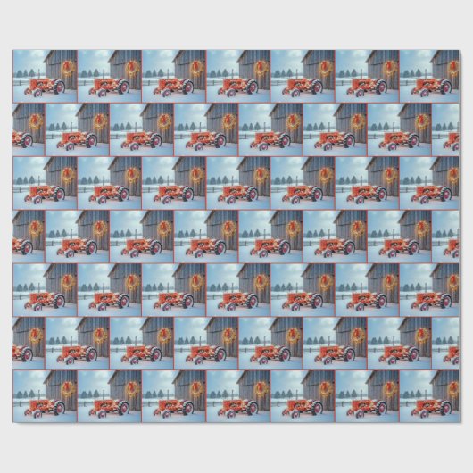 Christmas Red Farm Tractor In Snow Cadeaupapier (Vlak)