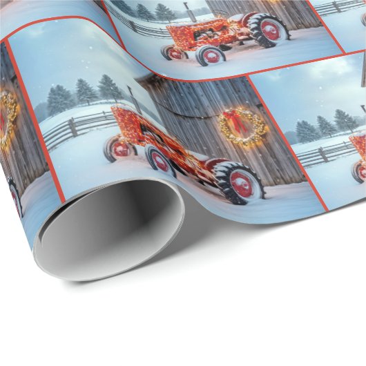 Christmas Red Farm Tractor In Snow Cadeaupapier (Rol Hoek)