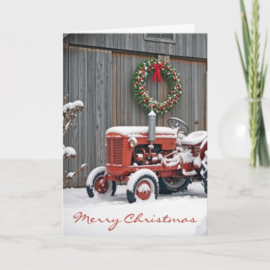 Christmas Red Farm Tractor In Snow Kaart (Voorkant)