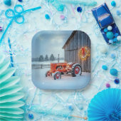 Christmas Red Farm Tractor In Snow Papieren Bordje (Feest)