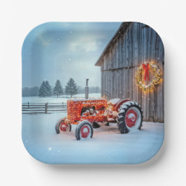 Christmas Red Farm Tractor In Snow Papieren Bordje