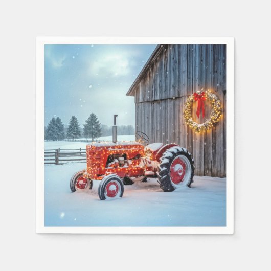 Christmas Red Farm Tractor In Snow Servet (Voorkant)