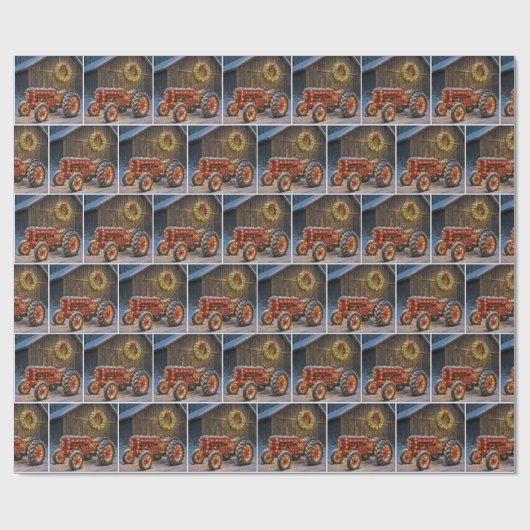 Christmas Red Farm Tractor With Glowing Wreath Cadeaupapier (Vlak)