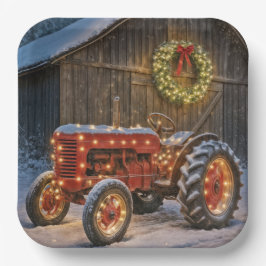 Christmas Red Farm Tractor With Glowing Wreath Papieren Bordje
