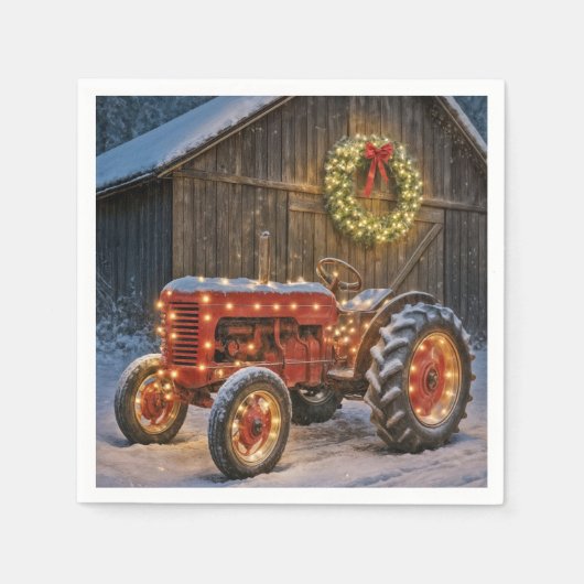 Christmas Red Farm Tractor With Glowing Wreath Servet (Voorkant)