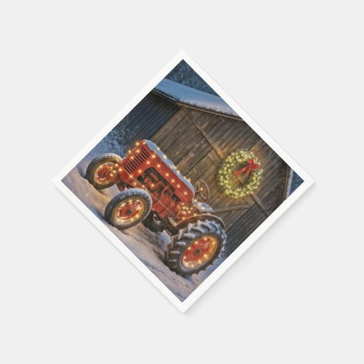 Christmas Red Farm Tractor With Glowing Wreath Servet (Hoek)