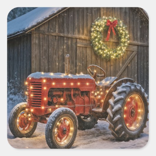 Christmas Red Farm Tractor With Glowing Wreath Vierkante Sticker (Voorkant)