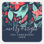Christmas Red Floral Botanical Blue Holiday Vierkante Sticker (Voorkant)