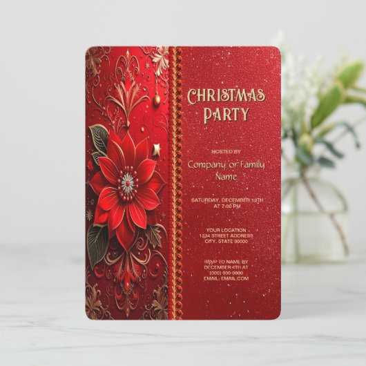 Christmas Red Flower Holiday Party Invitation Kaart (Staand voorkant)