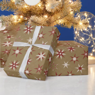Christmas Red Geo Stars - op gouden patroon. Cadeaupapier