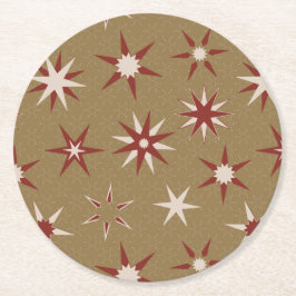 Christmas Red Geo Stars - op gouden patroon. Ronde Kartonnen Onderzetter